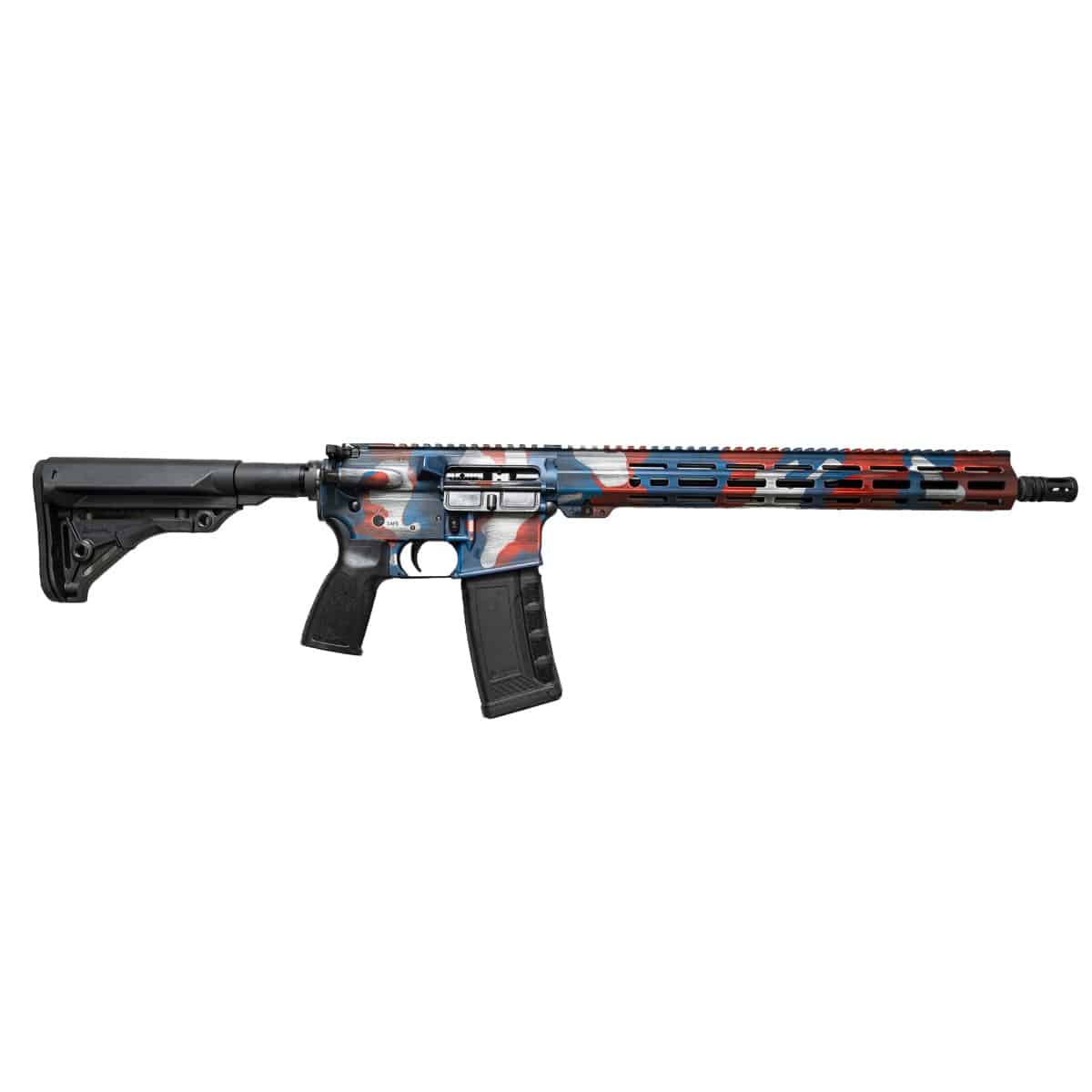 American-made rifle featuring a red, white, and blue patriotic camouflage finish, black adjustable stock, and a modular M-LOK handguard design.