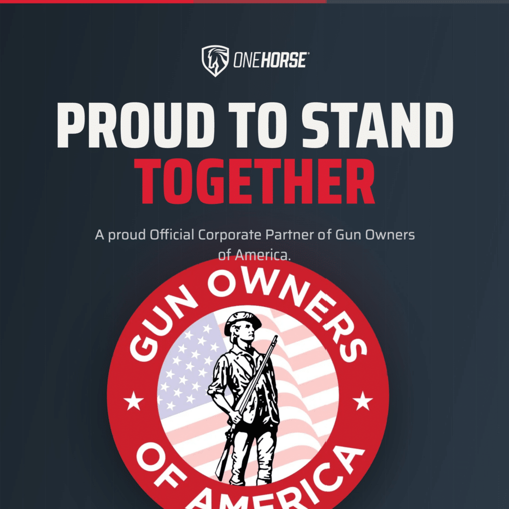 One Horse proudly partners with Gun Owners of America, showcasing commitment to American firearm rights.