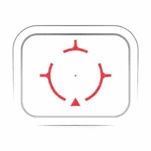 Red reticle sight design featuring a central dot and surrounding markings for precision aiming.