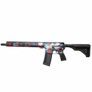 American-made rifle featuring a red, white, and blue camo finish, M-LOK handguard, black polymer stock, and grip, showcasing reliable craftsmanship.