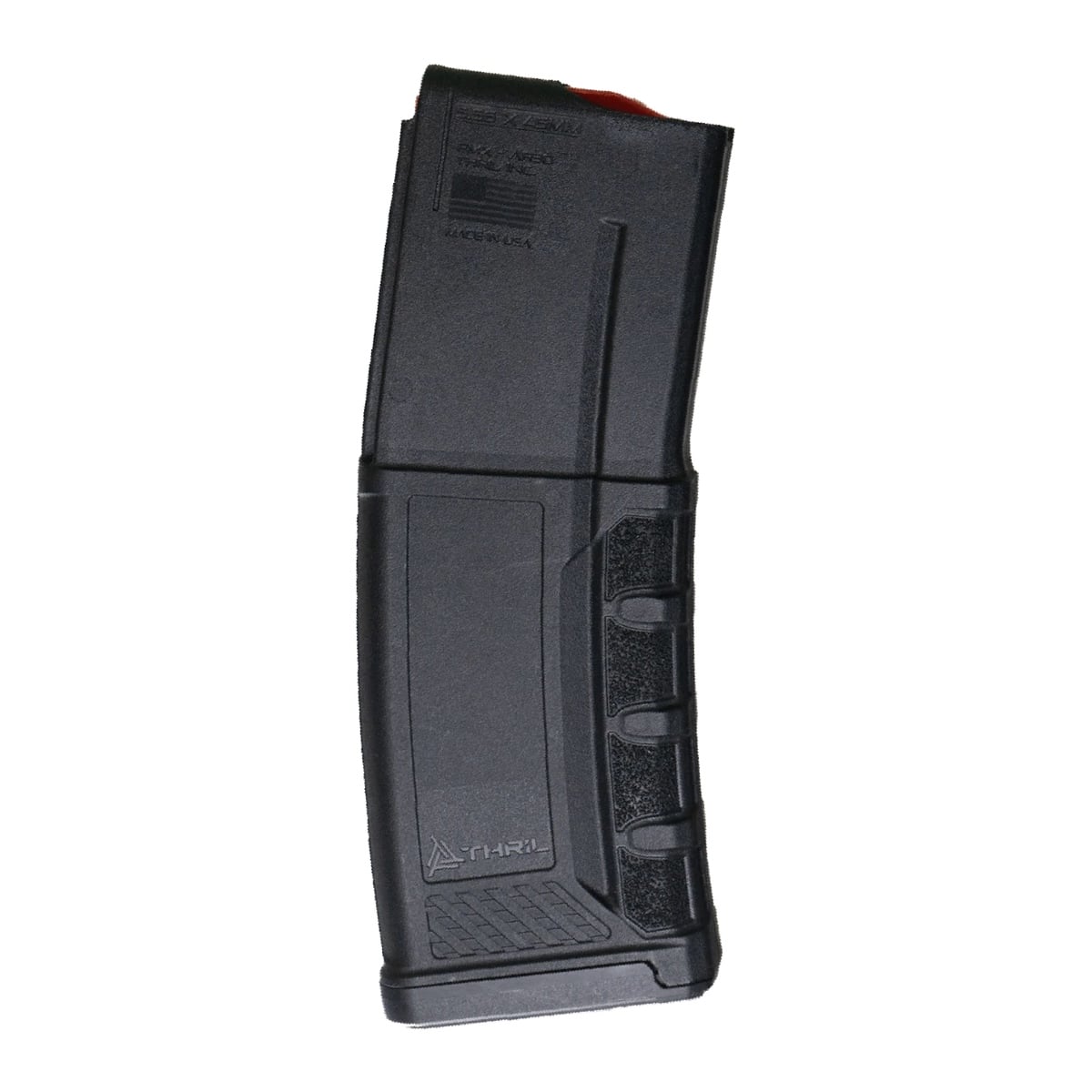 A black polymer Thrill 5.56x45mm magazine for AR-style rifles, featuring a textured grip surface and Made in USA branding for reliable performance.