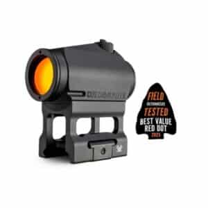 Vortex Crossfire red dot sight with orange lens, featuring a sturdy mount and award badge for best value 2025.