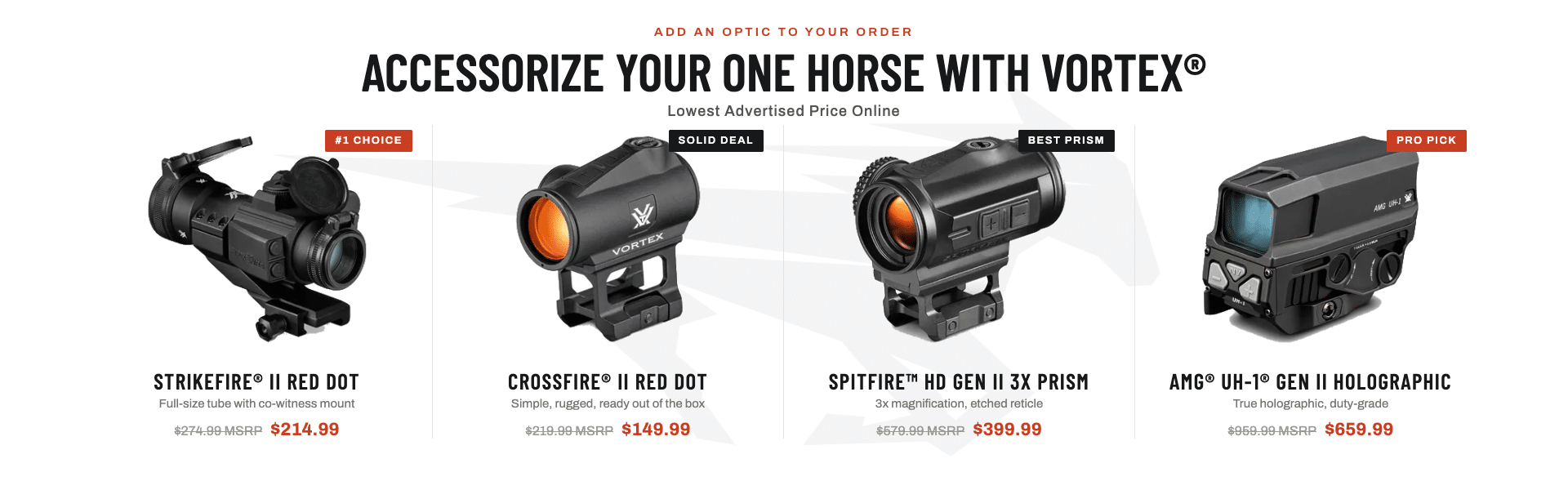 Four Vortex firearm optics displayed with pricing, including Strikefire II, Crossfire II, Spitfire HD Gen II, and AMG UH-1 Gen II holographic sights.