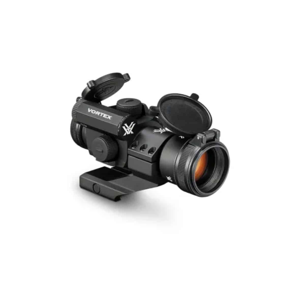 Vortex red dot sight with flip-up lens covers, featuring a sleek black design and durable construction for reliable performance.