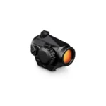 Compact black red dot sight with adjustable brightness and orange lens for enhanced aiming accuracy.