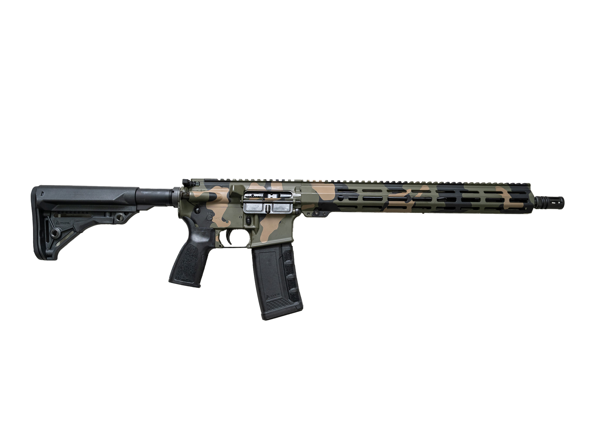 American-made rifle featuring a camo design, adjustable stock, and durable construction for reliability and performance.