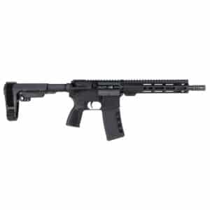 A reliable American-made black AR-style pistol featuring a modular handguard and ergonomic grip on a white background.