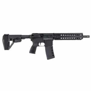 A black American-made AR-style pistol featuring a modular handguard, ergonomic pistol grip and polymer magazine on a white background.
