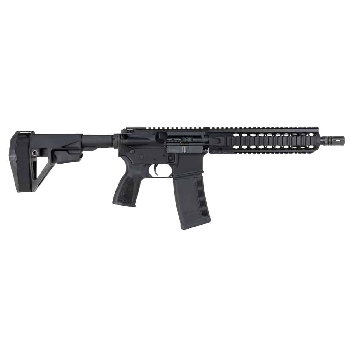 A black American-made AR-style pistol featuring a modular handguard, ergonomic pistol grip, polymer magazine, and a stabilizing brace on a white background.