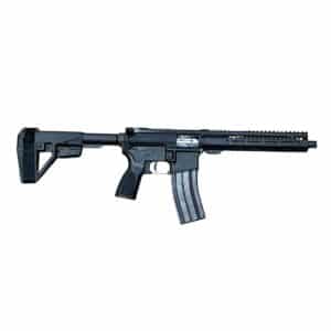 A black American-made AR-style pistol featuring a modular handguard and ergonomic grip for reliable performance.