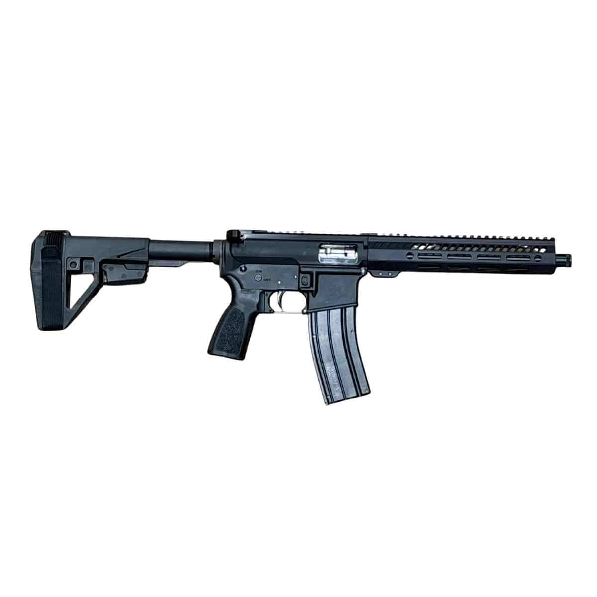A black American-made AR-style pistol featuring a modular handguard, ergonomic grip, and adjustable stabilizing brace for reliable performance.