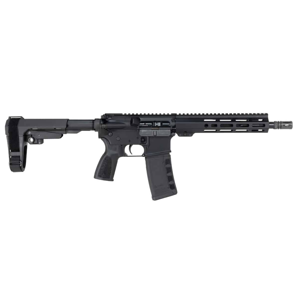 A reliable American-made black AR-style pistol featuring a modular handguard, ergonomic grip, and adjustable stabilizing brace on a white background.