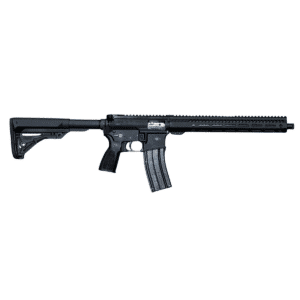 A black American-made AR-15 rifle featuring a modular handguard, adjustable stock, and a high-capacity magazine, showcasing reliable craftsmanship.