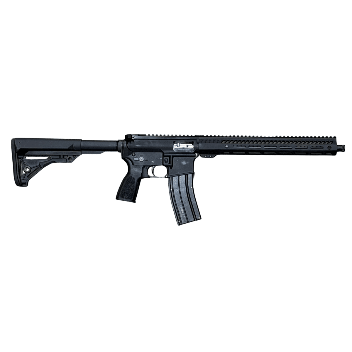 A black American-made AR-15 rifle featuring a modular handguard, adjustable stock, and a high-capacity magazine, showcasing reliable craftsmanship.
