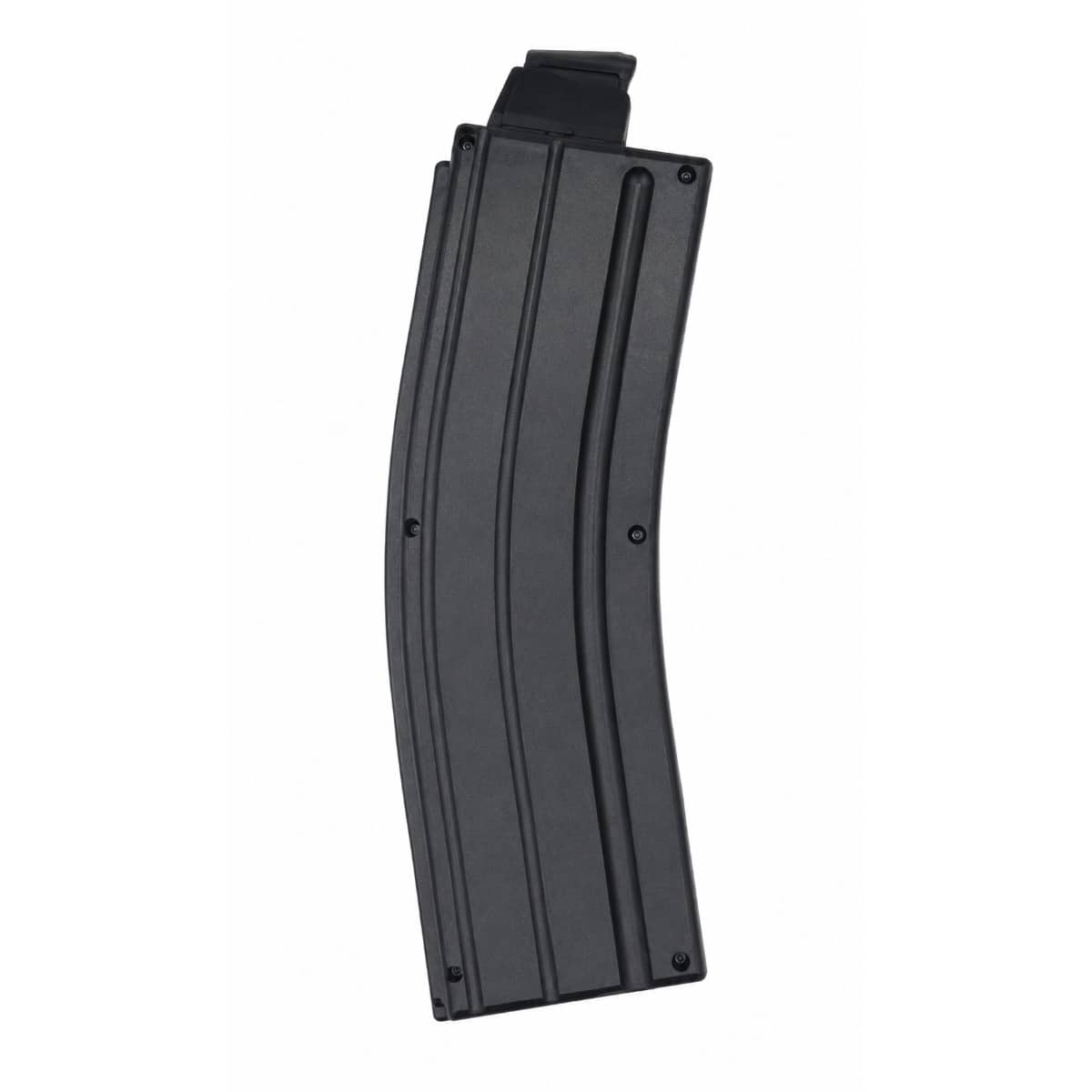 A durable, black polymer curved rifle magazine for American-made firearms, featuring a reliable design for consistent feeding and performance.