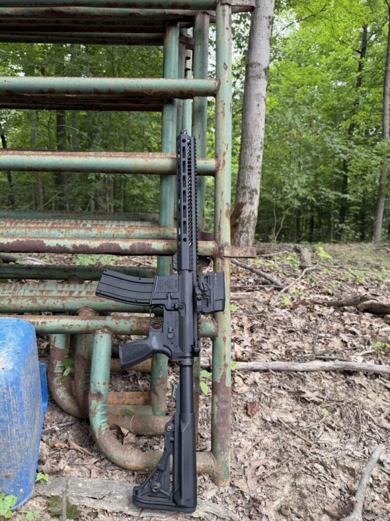 A reliable black American-made rifle with a modular handguard and optic, leaning against a weathered green metal farm gate in a wooded setting.