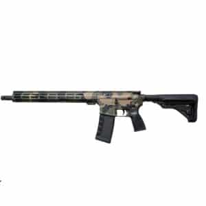 American-made rifle featuring a durable multi-color camouflage finish, modular handguard, and black polymer stock, built for reliable performance.