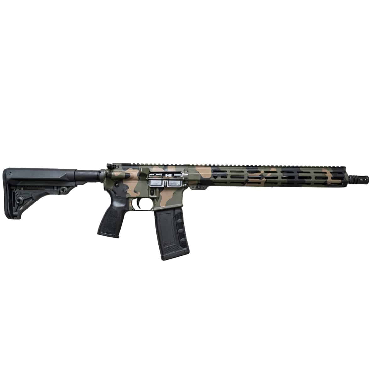 American-made rifle featuring a durable multi-color camouflage finish, black polymer furniture, and a reliable M-LOK handguard for tactical use.