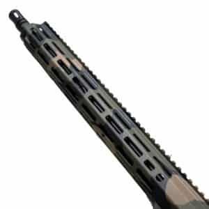 A high-quality American-made rifle handguard featuring a durable woodland camouflage finish, M-LOK slots, and a top Picatinny rail for accessories.