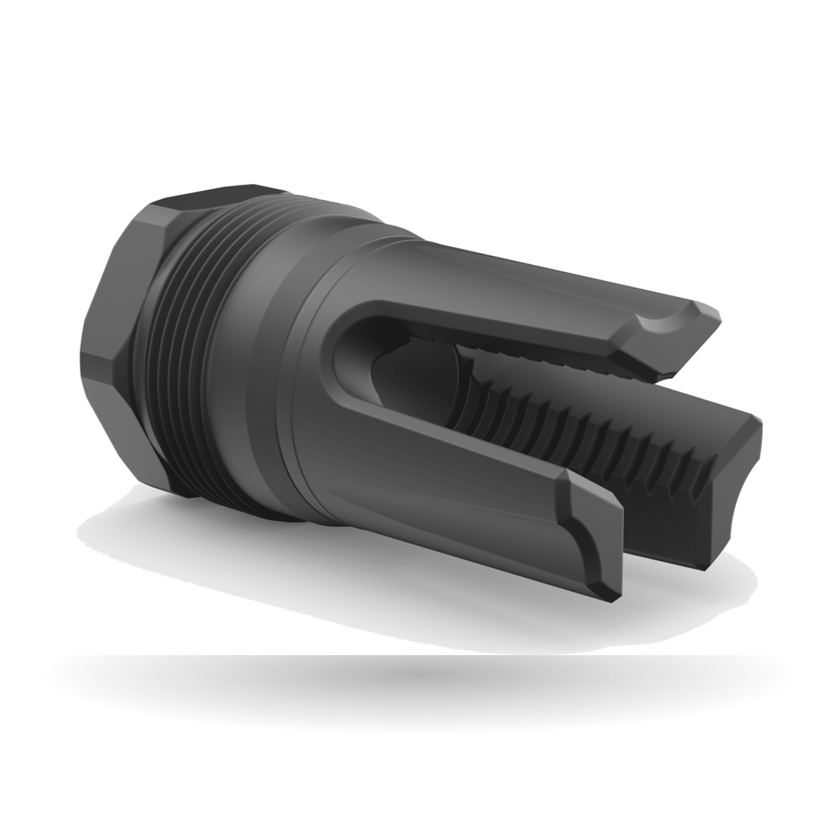 A matte black American-made steel rifle flash hider featuring a durable, precision-machined pronged design for reliable firearm performance.
