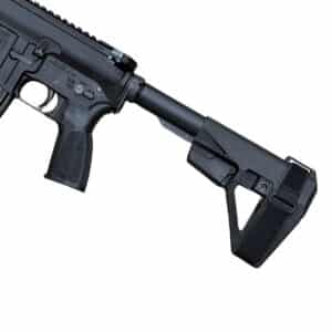Close-up of a black American-made One Horse firearm receiver and textured pistol grip.