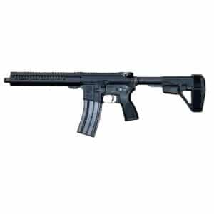 A black One Horse OH-15 firearm featuring a modular handguard and reliable metal magazine, showcasing American-made craftsmanship.