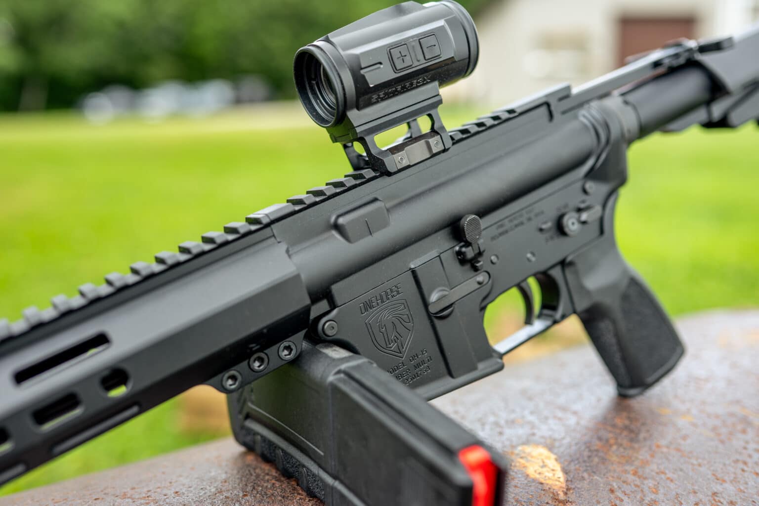 Vortex Spitfire 3X prism sight on a One Horse OH15 AR-15 with an M-LOK handguard, outdoors