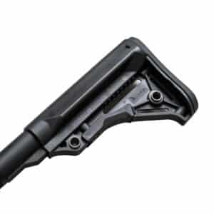 A black polymer THRiL rifle stock featuring a durable, ergonomic design with integrated sling attachment points for reliable firearm performance.