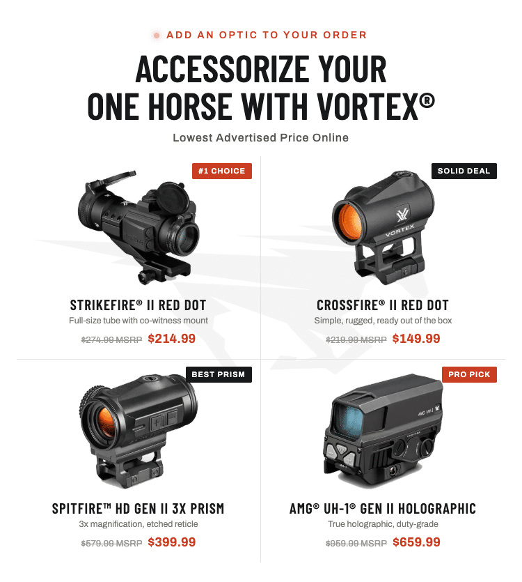 A selection of Vortex optics including StrikeFire II, Crossfire II, Spitfire HD Gen II, and AMG UH-1 Gen II sights for American-made firearms.