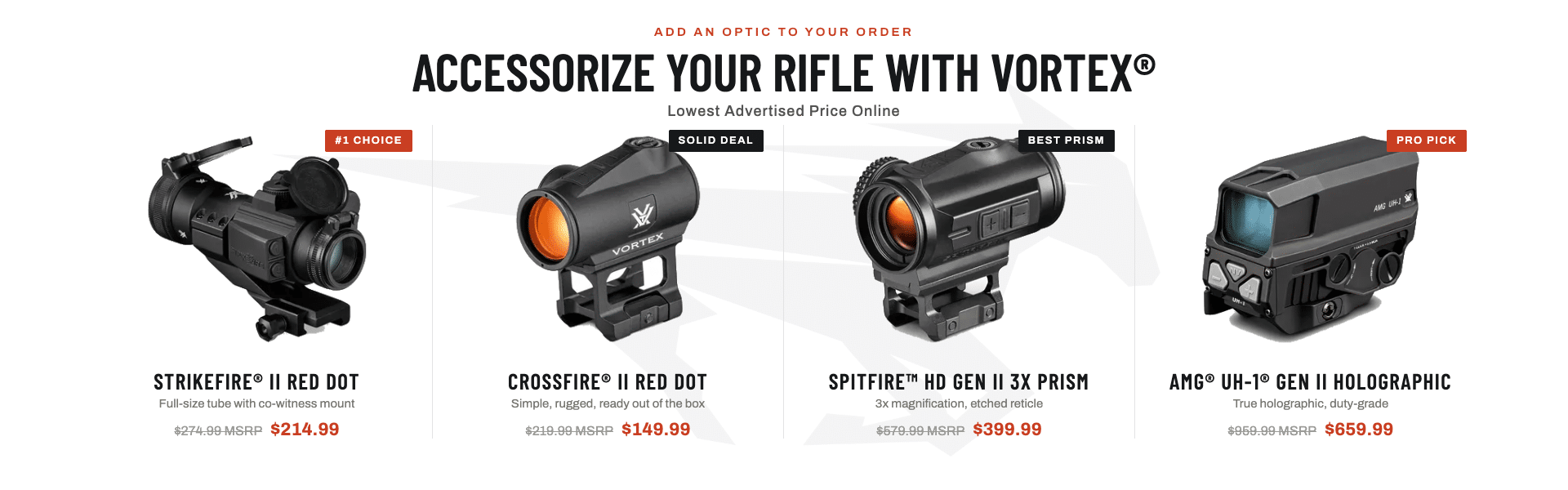Four Vortex rifle optics including Strikefire II, Crossfire II, Spitfire HD Gen II, and AMG UH-1 Gen II with pricing and product descriptions.