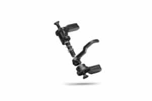 A black, American-made ambidextrous safety selector kit for rifles, featuring durable steel components, a spring, and screws on a white background.