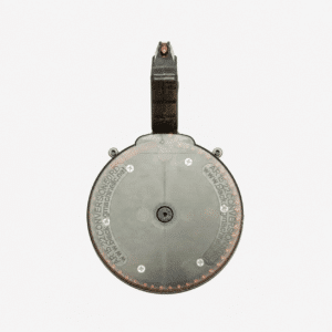 A translucent 50-round drum magazine for AR-15 .22 conversion, featuring durable American-made construction for reliable firearm performance.