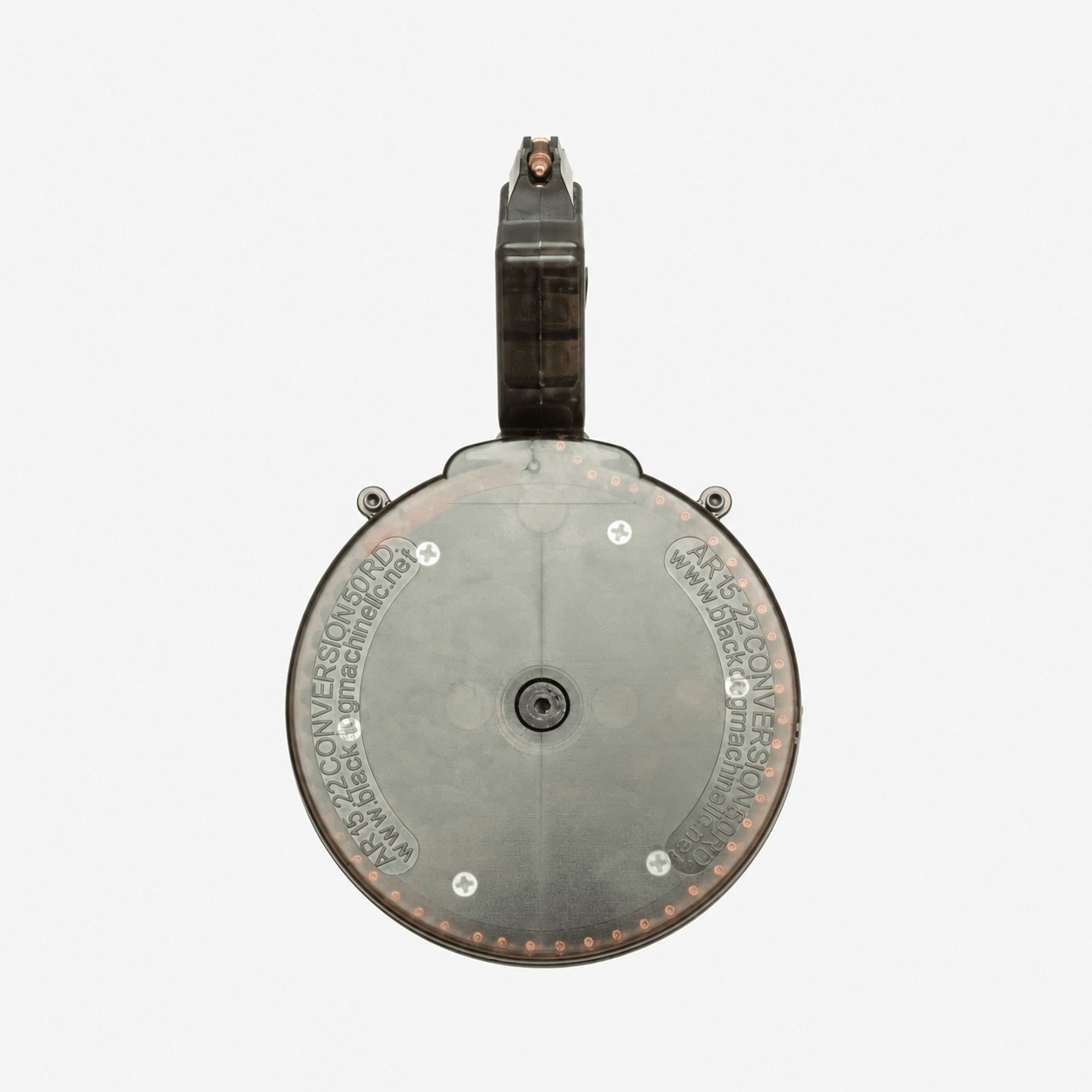 A translucent 50-round drum magazine for AR-15 .22 conversion, featuring durable American-made construction for reliable firearm performance.