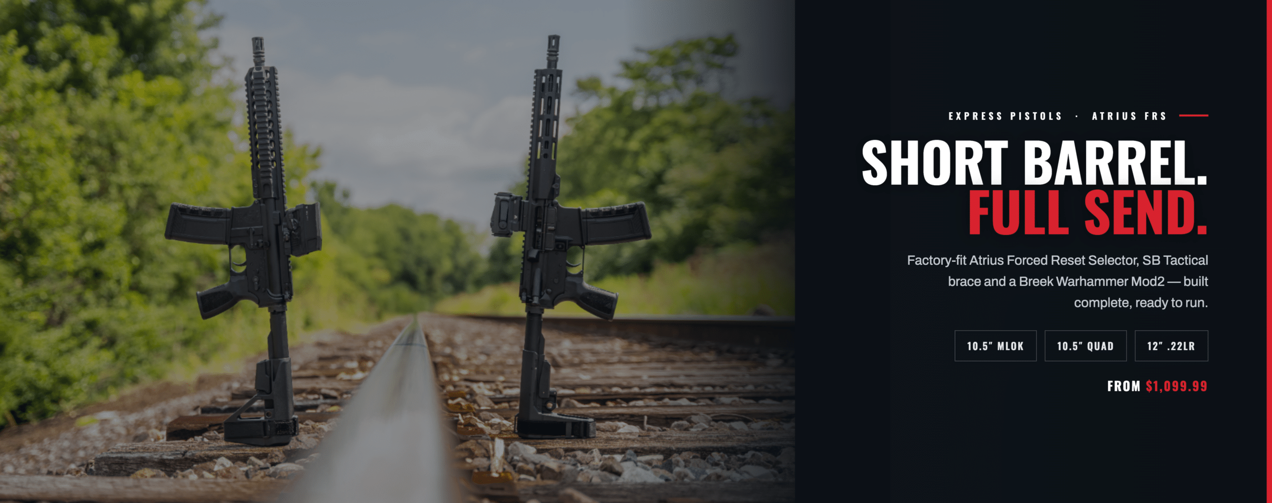 Two black Atrius FRS pistols with SB Tactical braces and Breech Warhammer charging handles standing on railroad tracks, promoting reliable performance.