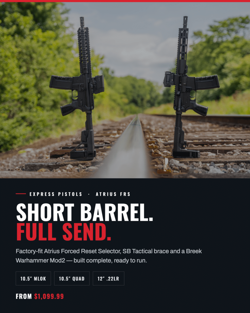 Two black American-made Atrius FRS pistols with SB Tactical braces and optics, standing upright on railroad tracks in a natural outdoor setting.