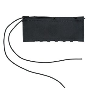 A black leather rifle cheek riser featuring the One Horse logo, durable stitching, and adjustable cord lacing for a secure, reliable firearm fit.