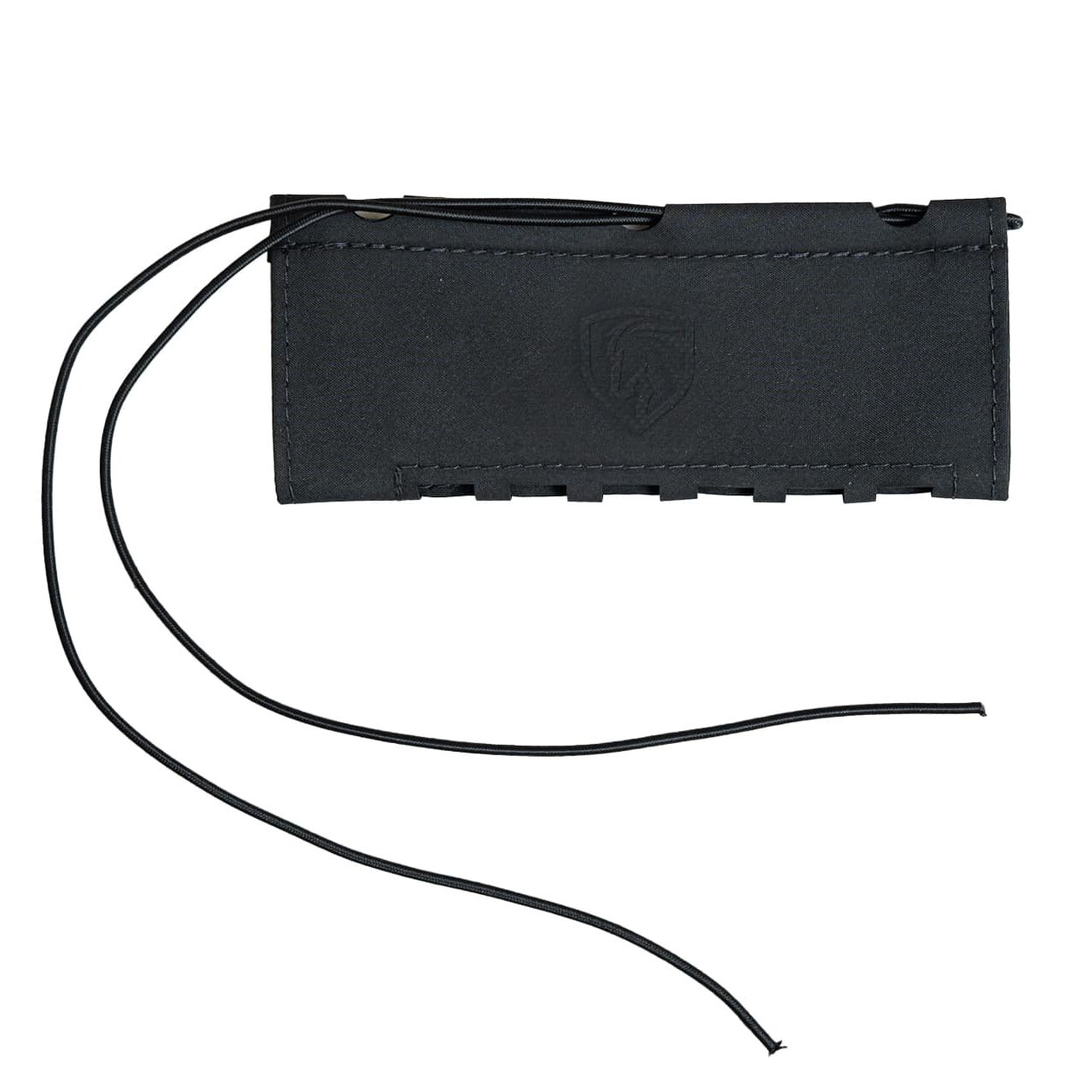A black leather rifle cheek riser featuring the One Horse logo, durable stitching, and adjustable cord lacing for a secure, reliable firearm fit.