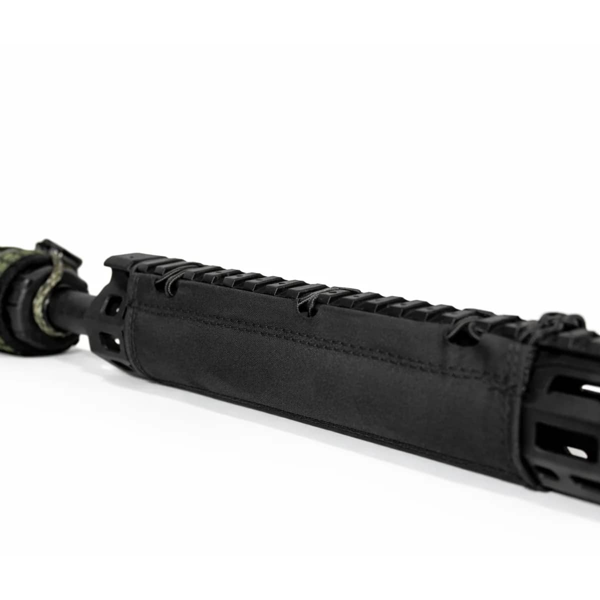 A durable black heat-resistant rifle handguard wrap installed on a tactical firearm, showcasing high-quality American craftsmanship and design.