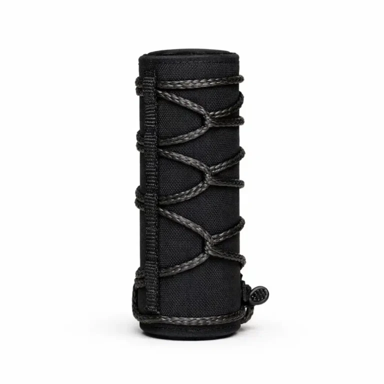 Black suppressor heat cover with cord lacing on a white background