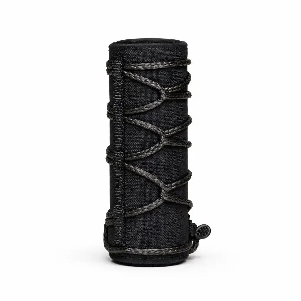 A durable black American-made rifle suppressor cover featuring a rugged cord-laced design for heat management and reliable firearm performance.