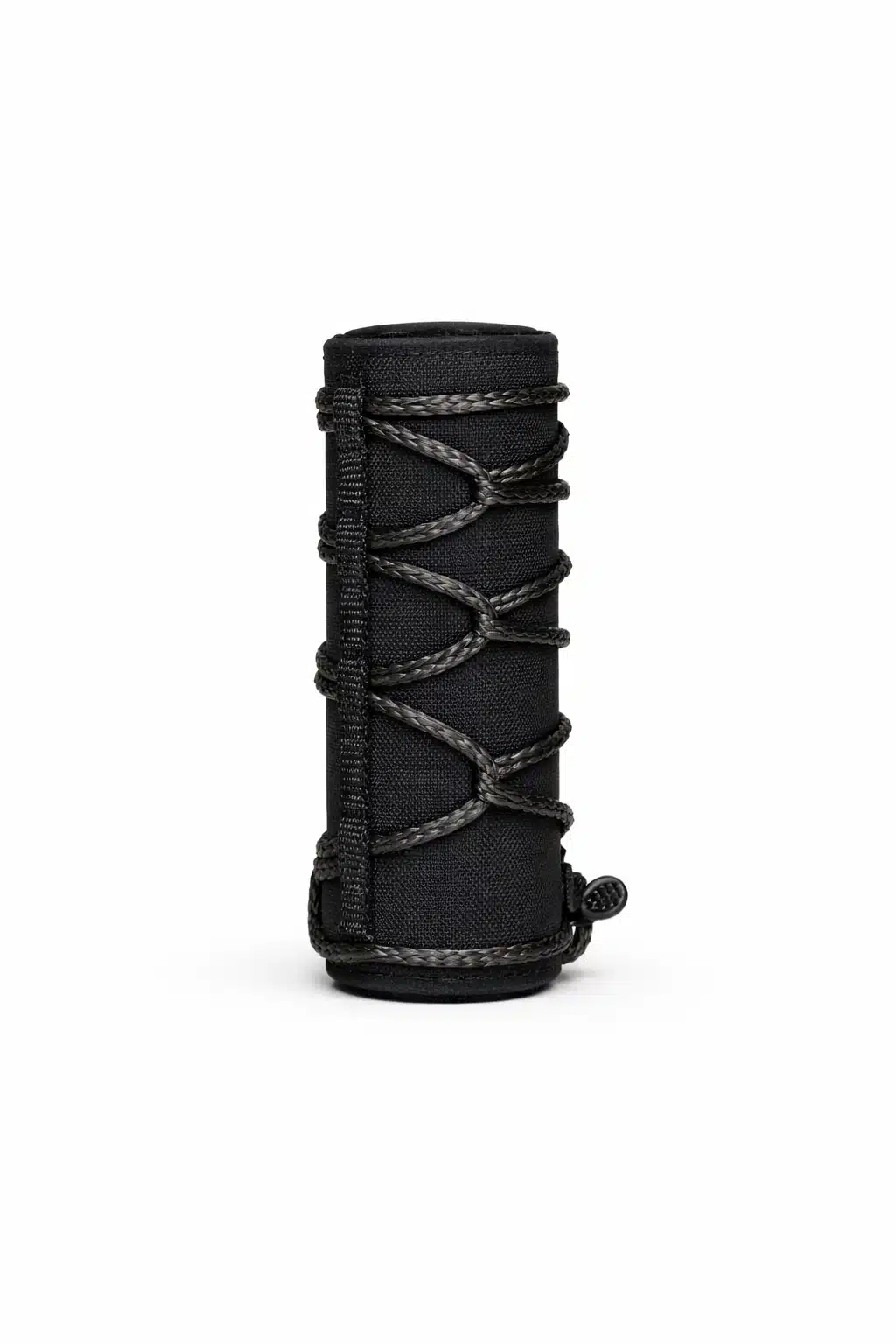 A durable black American-made rifle suppressor cover featuring a rugged cord-laced design for heat management and reliable firearm performance.