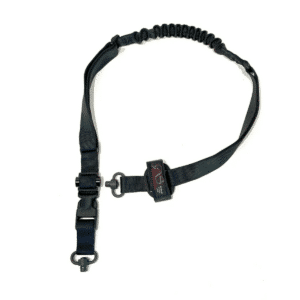 A durable black American-made tactical rifle sling featuring a bungee section, quick-detach swivels, and a sturdy buckle for reliable performance.