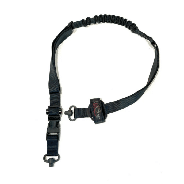 A durable black American-made tactical rifle sling featuring a bungee section, quick-detach swivels, and a sturdy buckle for reliable performance.