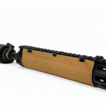A durable coyote brown fabric rail wrap installed on a black rifle handguard, providing heat protection and a reliable grip for tactical shooting.