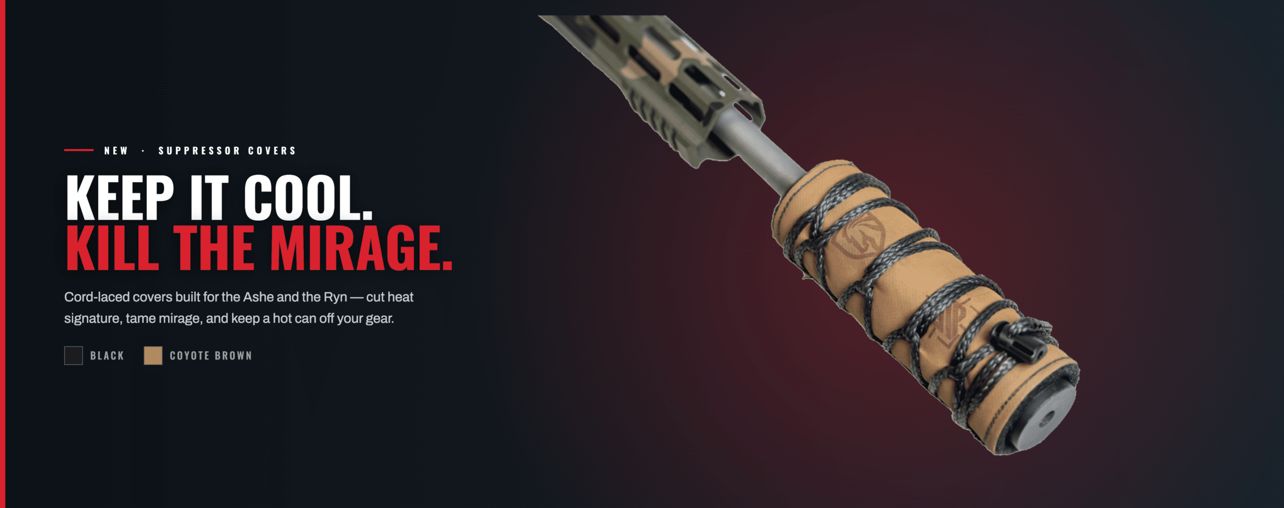 Coyote brown cord-laced suppressor cover on a rifle barrel, designed to reduce heat signature and mirage for reliable, high-quality performance.