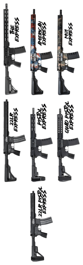 A collection of seven American-made One Horse firearms, including various Express rifle and pistol models with diverse finishes and configurations.