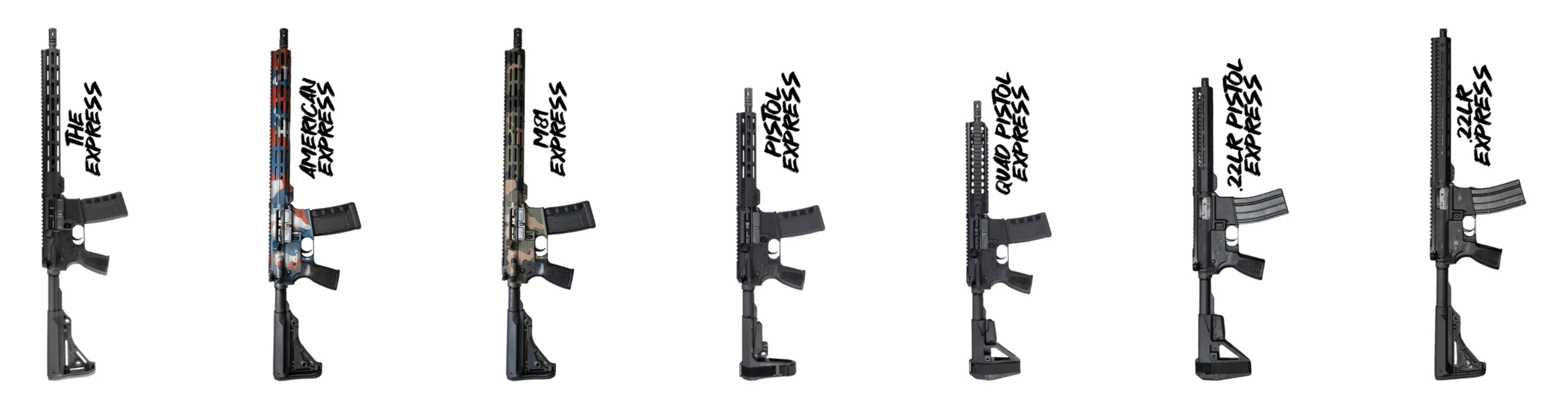 A lineup of seven American-made One Horse firearms, including various Express rifle and pistol models with distinct finishes and reliable designs.