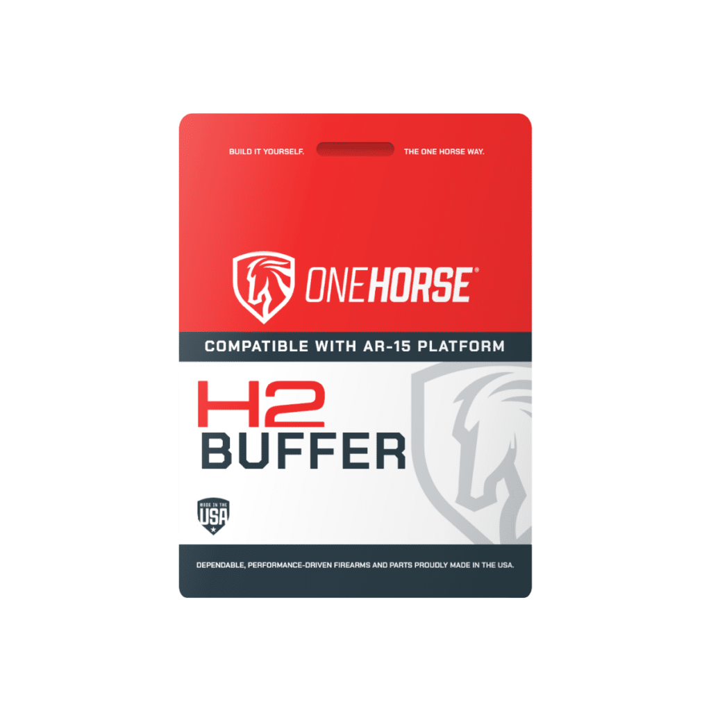 One Horse H2 buffer packaging for AR-15 platforms, featuring red and white branding, Made in the USA label, and reliable performance text.