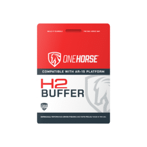 One Horse H2 buffer packaging for AR-15 platforms, featuring red and white branding, Made in the USA label, and reliable performance text.