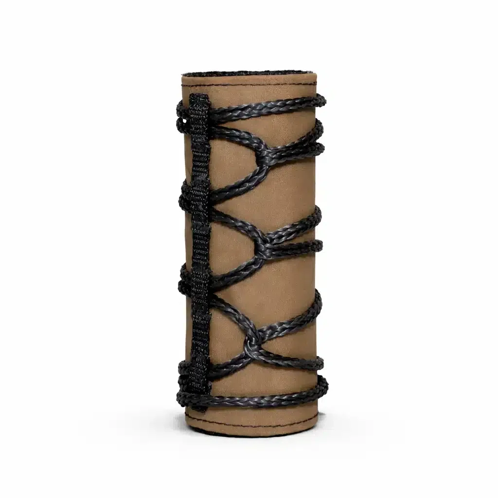 A durable tan fabric suppressor cover featuring a black braided cord lacing system for a secure, heat-resistant fit on American-made firearms.